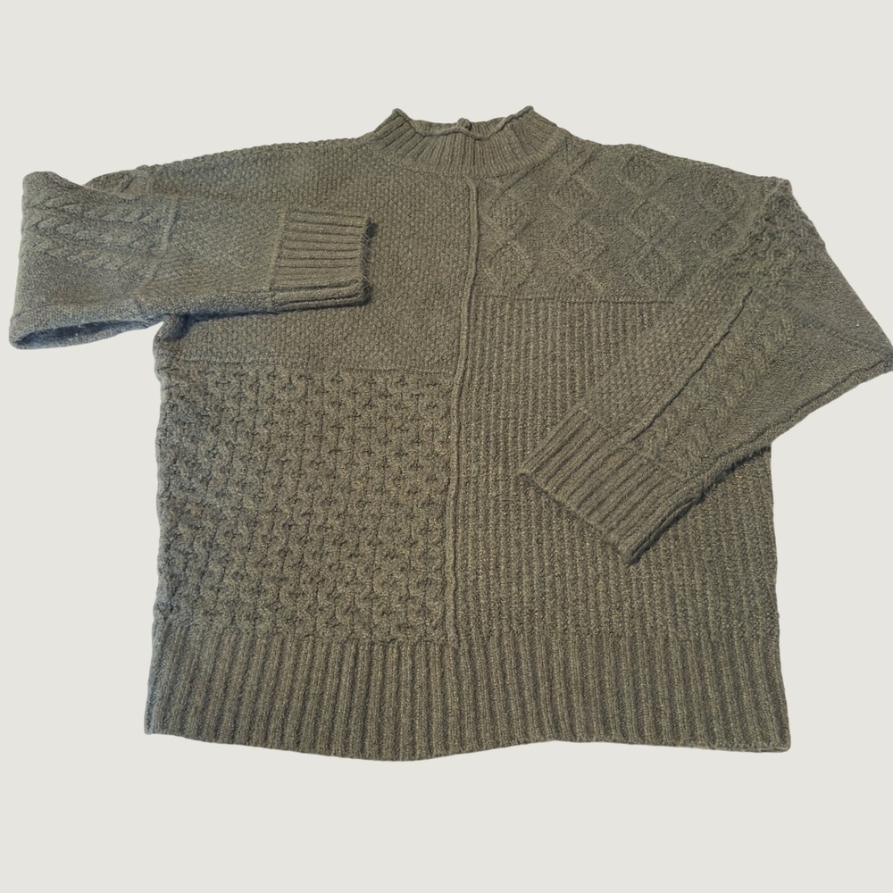 American Eagle Patchwork Cable Knit Mock Neck Sweater Green Medium